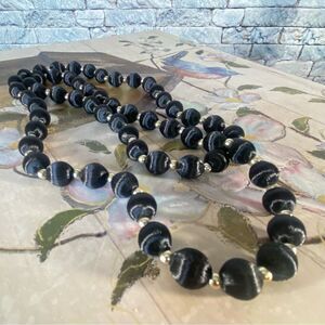 Material Pearls Black Beaded Necklace with Gold Accents Longer Length